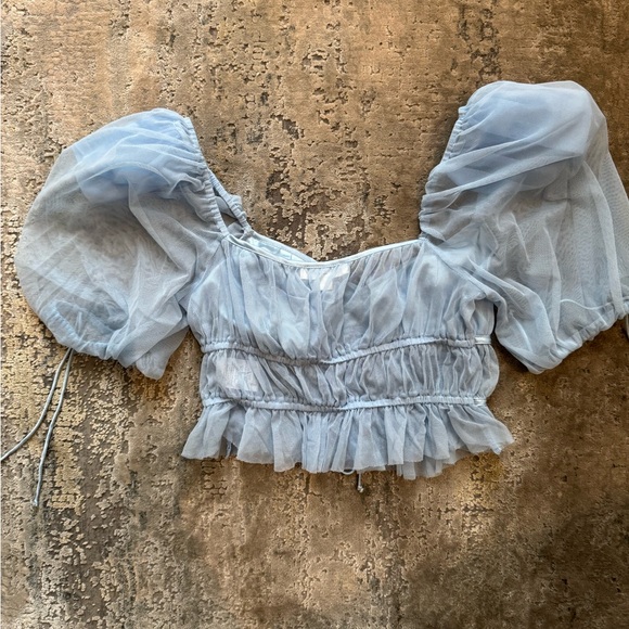 For Love And Lemons Sheer Blue Blouse with Puff Sleeves - Picture 2 of 2